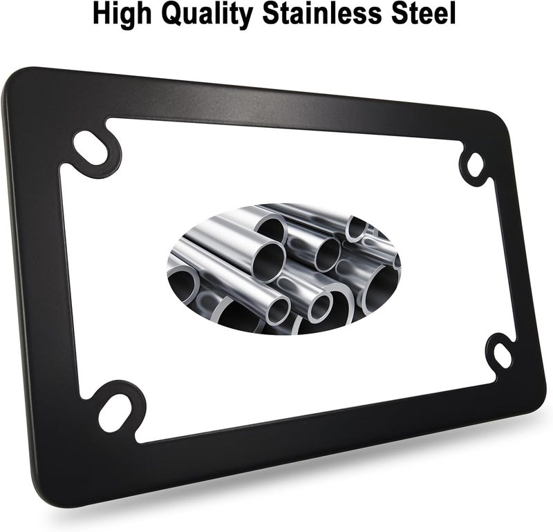 FBJTDQ Motorcycle License Plate Frame- Black Matte Stainless Steel Bike Tag Plate Holder, 4 Holes Heavy-Duty Metal Bracket 1 Pack, with Mounting Hardware Screws Nuts Caps - Image 2